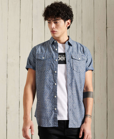 S/S DENIM LOOM SHIRT - Mid Wash Geo