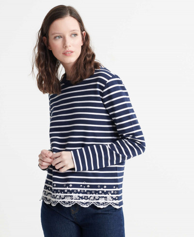 SUMMER SCHIFFLI LS TOP - Navy Stripe