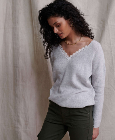 HARPER LACE VEE KNIT - Grey Marl