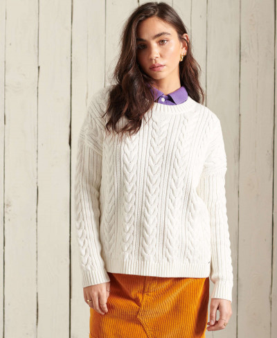 DROPPED SHOULDER CABLE CREW - Winter White