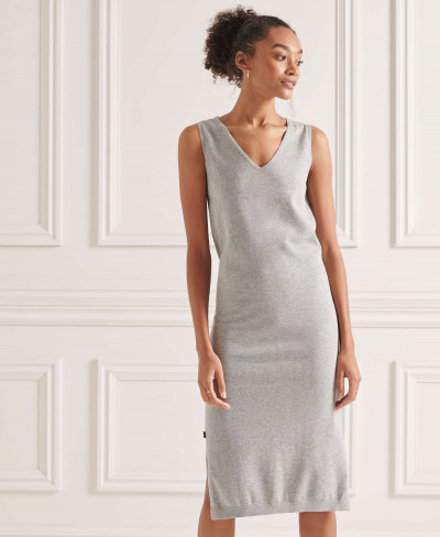 V NECK KNITTED DRESS - Mid Marl